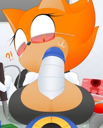 1boy 1girls black_shirt breasts cleavage huge_breasts labcoat large_breasts large_penis metal_sonic original original_character paizuri penis pov robot sega shirt slickehedge sonic_(series) sonic_the_hedgehog_(series) surprise surprised