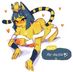 1girls alternate_body_type alternate_breast_size animal_crossing animal_ears ankha ass blush cat_ears cat_humanoid cat_tail catgirl dialogue feline large_breasts nintendo peachii solo tail text tongue_out yellow_fur