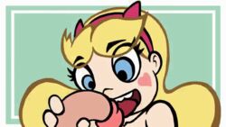 animated blonde_hair blue_eyes cum cum_in_mouth excessive_cum fellatio hand_on_penis headband heart_cheeks interracial marco_diaz star_butterfly star_vs_the_forces_of_evil swallowing vanilla-pete wet_penis