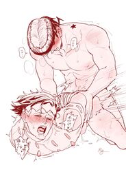 2boys abs anal anal_sex arms_behind_back arms_tied arms_tied_behind_back blush bottomless closed_eyes crop_top crying cum diamond_is_unbreakable doggy_style drooling ejaculation erect_nipples erection from_behind gay jojo's_bizarre_adventure josuke_higashikata male_only male_penetrated muscular muscular_male nude nude_male on_knees open_mouth partially_clothed pecs restrained rg_(artist) rohan_kishibe sweat toned toned_male yaoi