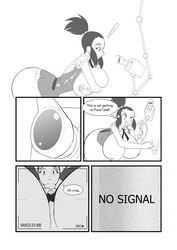 1girls ass ass_up breast_expansion bursting_breasts comic english_text female female_only giantess huge_breasts kojiro-brushard monochrome original original_character ponytail solo solo_female text torn_clothes wardrobe_malfunction