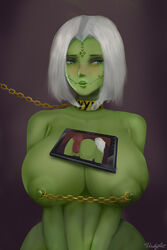 1girls aqua_eyes bondage breasts chain_leash chains collar female femsub green_skin huge_breasts leash medium_hair mirialan nipple_chain nude nyni original_character sex_slave slave slave_collar slavegirl solo star_wars submissive_female versky voluptuous white_hair wide_hips