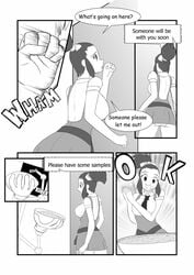 1girls big_breasts breast_expansion comic english_text female female_only giantess kojiro-brushard monochrome original original_character panties ponytail solo solo_female text torn_clothes