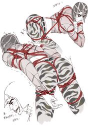 1boy ass ball_gag bent_over blush bondage bubble_butt clothed crop_top drooling gag guido_mista jojo's_bizarre_adventure male_only midriff restrained rope rope_bondage rope_harness rope_in_ass shibari_over_clothes solo solo_male vento_aureo