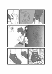 1girls breast_expansion comic english_text female female_only giantess growth kojiro-brushard monochrome original original_character panties ponytail solo solo_female text torn_clothes wardrobe_malfunction