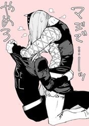 2boys angry annoyed clothed clothes_pull clothing_pull fighting fishnet_shirt fishnets gay jojo's_bizarre_adventure licking licking_nipples long_hair male_only narciso_anasui nipple_licking nipple_play sitting_on_lap stone_ocean straddling thighhighs weather_report yaoi