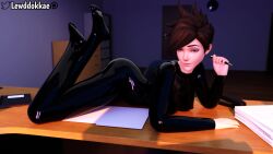 3d at_work female female_only latex latex_stockings latex_suit latex_thighhighs laying_on_table lewddokkae looking_at_viewer office overwatch pose tracer