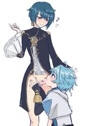 absurd_res absurdres amber_eyes artist_name ballsack blowjob chongyun_(genshin_impact) coat confident confident_male duo earrings femboy fingerless_gloves frock_coat genshin_impact hand_on_head hearts jpeg jpg kneeling_oral_position light_blue_hair looking_at_another looking_up misumisu motion_lines no_underwear oral oral_sex partially_clothed partially_nude penis scrotum short_hair simple_background standing trap undershirt white_background xingqiu_(genshin_impact) yaoi