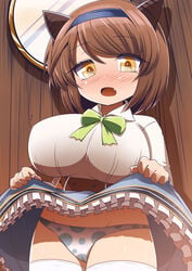 blush brown_eyes brown_hair draph flashing granblue_fantasy horns large_breasts lifting_skirt panties shortstack yaia_(granblue_fantasy)