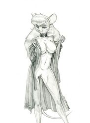 anthro baron_engel bedroom_eyes breasts choker clothing female genitals graphite_(artwork) hi_res jewelry looking_at_viewer mammal mouse murid murine narrowed_eyes necklace nude pencil_(artwork) pussy robe rodent seductive sketch solo standing traditional_media_(artwork) undressing