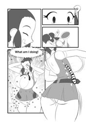 1girls breast_expansion bursting_breasts comic english_text female female_only giantess growth huge_breasts kojiro-brushard monochrome original original_character ponytail solo solo_female text torn_clothes wardrobe_malfunction