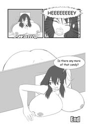 1girls breast_expansion comic english_text female female_only giantess huge_breasts kojiro-brushard monochrome nude nude_female original original_character room_filling solo solo_female stuck stuck_in_door text torn_clothes wardrobe_malfunction