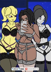 2020 3girls alien alien_girl big_breasts black_hair black_lingerie breasts cellphone city commission curvaceous curvy dark-skinned_female dark_grey_hair dark_skin dbart+18 demon demon_girl dragon_ball dragon_ball_gt dragon_ball_xenoverse dragon_ball_z fan_character female female_focus female_majin female_only female_saiyan garter_belt garter_straps genderswap genderswap_(mtf) grey_lingerie grey_sclera grey_skin humanoid hybrid large_breasts lingerie looking_at_viewer monster_girl multiple_girls night oc original_character original_characters phone red_eyes rule_63 saiyan scar selfie smile stockings taino tuffle voluptuous yellow_hair yellow_skin