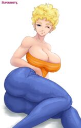 1girls bare_arms bare_shoulders big_breasts blonde_hair breasts cleavage clothed clothing collarbone dragon_ball earrings female female_only huge_ass huge_breasts jeans large_ass large_breasts looking_at_viewer mature_female milf neck one_eye_closed orange_tubetop panchy panchy_(dragon_ball) panchy_briefs pants shadow short_hair shounen_jump simple_background smile solo solo_female strapless superbusty tight_jeans tight_pants tubetop white_background wink