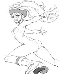 ass breasts cleanerjay color_request female fingernails greyscale hair_between_eyes hair_through_headwear helmet highres korrina_(pokemon) long_hair looking_at_viewer monochrome navel nipples nude open_mouth pokemon pokemon_xy roller_skates simple_background skates sketch smile solo tongue upper_teeth wristband