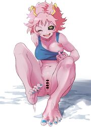 1girls after_sex anus areolae artist_request ass bare_shoulders barefoot bent_knees black_sclera bottomless breasts clothing cum cum_on_feet cum_on_floor cum_on_soles excessive_cum feet female female_only horns knees_up long_toes looking_at_viewer mina_ashido my_hero_academia nail_polish nipples no_bra no_panties one_breast_out one_eye_closed open_mouth partially_clothed pink_hair pink_skin pointless_censoring pussy short_hair sitting smile soles tank_top tank_top_pull toes vagina wet wet_pussy wink yellow_eyes