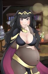 1girls belly_button big_belly big_breasts black_hair blush cape claraspregs cleavage female fire_emblem fire_emblem_awakening gray_eyes hand_on_belly huge_belly jewelry long_hair nintendo pregnant ready_to_pop smiling teeth tharja_(fire_emblem) tight_clothes transparent_clothing veins veiny_breasts