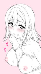 black_and_white blush bondage d: female highres kunikida_hanamaru looking_at_viewer love_live! love_live!_sunshine!! nipples open_mouth pink_theme solo sweat upper_body yopparai_oni