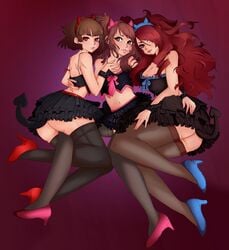 3girls artist_request ass brown_eyes brown_hair female female_only high_heels human human_only kujikawa_rise makoto_niijima matching_outfit mitsuru_kirijo persona persona_3 persona_4 persona_5 red_eyes red_hair tagme tagme_(artist) thighhighs