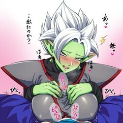 1boy 1girls black_shirt blue_pants blush breasts colored_skin core_person dragon_ball dragon_ball_super earrings female female_zamasu genderswap_(mtf) goddess green_skin grey_eyes heart humanoid jewelry large_breasts long_pointy_ears long_sleeves looking_at_viewer nose_blush open_mouth paizuri paizuri_under_clothes pants pointy_ears potara_earrings pov ring rule_63 shirt solo_focus spiked_hair spiky_hair straight super_saiyan super_saiyan_rose sweat teba_makoto translation_request vegito white_hair zamasu