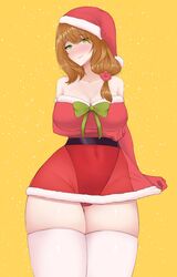 belt brown_hair christmas christmas_outfit female fraankyy genshin_impact gloves green_eyes green_ribbons large_breasts lisa_(genshin_impact) looking_at_viewer ribbon santa_hat shy standing thick_thighs thighhighs white_thighhighs wide_hips