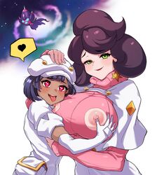 !? 2girls aether_foundation aether_foundation_employee aether_foundation_employee_(female) aether_foundation_uniform bad_id big_hair black_hair blush breast_grab breasts cabbie_hat cleanerjay dark-skinned_female dark_skin elbow_gloves female female_aether_foundation_employee galaxy gloves grabbing green_eyes hat heart heart-shaped_pupils highres hug huge_breasts interracial_yuri legendary_pokémon multiple_girls nintendo nipples open_mouth parted_lips petting pink_eyes poipole pokémon_(species) pokemon pokemon_sm ribbed_sweater short_hair simple_background skindentation smile smug space sparkling_eyes spoken_heart spoken_interrobang star_(sky) sweater symbol-shaped_pupils teeth tongue tongue_out turtleneck turtleneck_sweater ultra_beast upper_body upper_teeth white_background white_gloves wicke_(pokemon) yuri