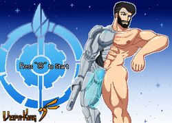 1boy abs beard black_hair blue_eyes cyborg facial_hair flaccid_penis foreskin gun half-human humanoid intact james_ironwood looking_at_viewer male male_only manly mature_male muscles muscular_male mustache nude_male partially_retracted_foreskin pecs penis pixel pixelated rwby shaved_crotch smooth_skinned_male solo translucent_penis uncut veiny_penis vispaking