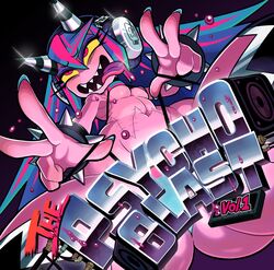 ahe_gao album_cover below_view bikini bikini_pull blush colored_nails double_peace_sign double_v double_v_sign drooling gashi-gashi headphones horns legwear long_hair looking_up multicolored_hair peace_sign pink_eyes pink_skin psycho-chan purple_saliva purple_tongue saliva sharp_teeth skimpy solo solo_female solo_focus spiked_bracelet stitches thick_thighs thighs thong thong_pull thong_straps thong_straps_pull tongue_out v_sign yellow_sclera