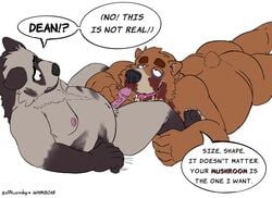 2019 anthro ass blood bodily_fluids brown_bear brown_body brown_fur dave_(password) dean_(password) duo elalvaradog english_text fur genitals hyaenid lying male male/male mammal moobs nipples overweight overweight_male password_(visual_novel) penis simple_background striped_hyena text ursid ursine video_games visual_novel white_background