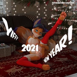 1:1 5_fingers anthro anus ass balls big_tail blue_eyes blush censored christmas christmas_lights christmas_tree claws clothing congratulations digital_media_(artwork) domestic_cat english_text erection felid feline felis finger_on_penis fingers fur furry furry_only genitals gift hair happy_new_year hi_res holidays humanoid_genitalia kotyami legwear looking_at_viewer male male_only mammal new_year nipples nude pawpads paws plant red_clothing sitting smile solo stockings tail text toes tree yellow_body yellow_fur