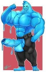 2020 4_fingers 4_toes absurd_res balls big_muscles blue_balls blue_body blue_glans blue_penis clothed clothing epic_games erection fingers foreskin fortnite genitals glans goo_creature goo_humanoid hi_res huge_muscles humanoid humanoid_genitalia humanoid_penis male muscular muscular_humanoid muscular_male not_furry partially_retracted_foreskin pecs penis raised_arm rikuoxas rippley simple_background slurp_(fortnite) smile solo standing toes topless vein veiny_penis video_games