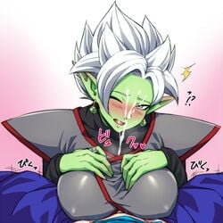 1boy 1girls black_shirt blue_pants blush breasts colored_skin core_person cum cum_in_clothes cum_through_clothes dragon_ball dragon_ball_super earrings ejaculation_under_clothes female female_zamasu genderswap_(mtf) goddess green_skin grey_eyes humanoid jewelry large_breasts long_pointy_ears long_sleeves looking_at_viewer nose_blush one_eye_closed open_mouth paizuri paizuri_under_clothes pants pointy_ears potara_earrings pov ring rule_63 shirt solo_focus spiked_hair spiky_hair straight super_saiyan super_saiyan_rose sweat teba_makoto translation_request vegito white_hair zamasu