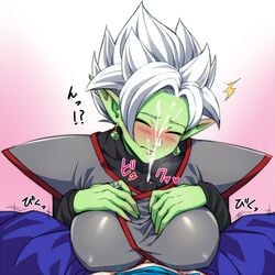 1boy 1girls black_shirt blue_pants blush breasts closed_eyes closed_mouth colored_skin core_person cum cum_in_clothes cum_through_clothes dragon_ball dragon_ball_super earrings ejaculation ejaculation_under_clothes erection erection_under_clothes facing_viewer female female_zamasu genderswap_(mtf) goddess green_skin grey_eyes humanoid jewelry large_breasts long_pointy_ears long_sleeves nose_blush paizuri paizuri_under_clothes pants penis penis_under_clothes pointy_ears potara_earrings pov ring rule_63 shirt solo_focus spiked_hair spiky_hair straight super_saiyan super_saiyan_rose sweat teba_makoto translation_request vegito white_hair zamasu