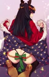 1girls alternate_costume antlers ass ass_cleavage big_ass black_hair butt_crack christmas feguimel fire_emblem fire_emblem_awakening high_heels long_hair looking_at_viewer looking_back nintendo presenting presenting_hindquarters purple_eyes smile solo solo_female tharja_(fire_emblem) tharja_(winter)_(fire_emblem)