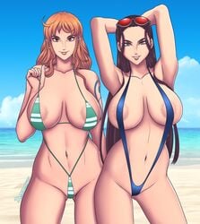 areola_slip beach beachside bemannen big_breasts bikini black_hair female female_only long_hair nami nami_(one_piece) nico_robin one_piece orange_hair post-timeskip red_hair sling_bikini striped_bikini sunglasses sunglasses_on_head