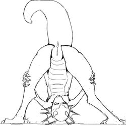 1:1 2020 anatomically_inaccurate anthro ass black_and_white ek_(artist) female flat_chested genitals kobold line_art monochrome nude presenting presenting_pussy pussy solo thick_tail upside-down