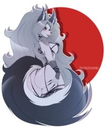 1girls animal_ears animal_tail ass bracelet bracelets breasts collar demon female furry gray_hair grey_hair hair_up hellhound helluva_boss kokobuttz long_hair loona_(helluva_boss) ponytail red_eyes simple_background snout solo very_long_hair vivienne_medrano wolf wolf_ears wolf_tail