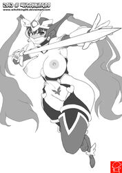 action_pose angel_blade foreshortening functionally_nude large_breasts moena_shinguuji monochrome pubic_tattoo source_request tagme witchking00