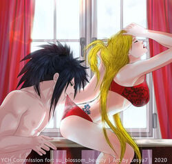 1boy 1boy1girl 1girls big_breasts biting_clothes black_eyes black_hair blonde_hair bra breasts closed_eyes female hair_grab lesya7 lingerie lipstick long_hair makeup male moaning naruto naruto_(series) naruto_shippuden original_character panties ponytail ponytail_hold shirtless side_view sideboob tattoo tied_hair uchiha_madara underwear undressing undressing_another very_long_hair