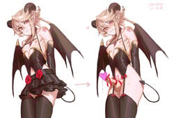 1boy arms_behind_back bad_censor blonde_hair blush censored choker corrin_(fire_emblem) corrin_(fire_emblem)_(male) corset covering crossdressing cute_male demon_boy demon_horns demon_tail demon_wings erection femboy fire_emblem fire_emblem_fates frills garter_belt heart-shaped_pupils incubus looking_at_viewer male male_only miniskirt nintendo partially_clothed pointy_ears red_eyes samsara samsara_(shuukeura) smile solo_male thighhighs tied_penis trap