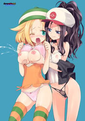 2girls :> alternate_legwear aqua_eyes archway_of_venus areolae arms_up bare_legs bare_shoulders baseball_cap bianca_(pokemon) black_hair black_panties black_underwear black_vest blonde_hair blue_background blue_eyes blush bob_cut bow bow_bra bow_panties bra bra_lift breast_grab breast_hold breast_squeeze breasts breasts_out_of_clothes brown_hair cameltoe clavicle cleavage clenched_hands closed_mouth clothes_down clothing colored_eyelashes cowboy_shot doujinshi embarrassed english erect_nipples erect_nipples_under_clothes eyebrows_visible_through_hair eyelashes eyes_visible_through_hair fanart female female_only floral_print forehead frilled_bra frilled_panties frilled_underwear frills gluteal_fold grabbed_from_behind grabbing green_eyes green_hat green_headwear green_legwear groin groping hair_flaps half-closed_eyes hat high_ponytail high_resolution highleg highleg_panties hilda_(pokemon) homura_subaru homuraya horizontal-striped_legwear horizontal_stripes huge_nipples human lactation large_areolae large_breasts layered_clothes leaning_forward legs lingerie long_hair looking_at_another loose_clothes loose_shirt medium_breasts milk milk_squirt milking multicolored multicolored_clothes multicolored_legwear multiple_girls naughty_face nintendo nipples no_bra no_pants nose_blush one_eye_closed open_mouth orange_legwear orange_shirt pale_skin panties pantsu pink_bow pink_bra pink_panties pocket pokemon pokemon_bw ponytail puffy_areolae puffy_short_sleeves puffy_sleeves raised_eyebrows red_hat red_headwear ribbon-trimmed_bra ribbon_trim see-through see-through_silhouette shiny shiny_skin shirt shirt_pull short_hair short_sleeves sidelocks simple_background skindentation smile standing strap_gap string_panties striped striped_hat striped_legwear striped_thighhighs sweat tank_top teeth thigh_gap thighhighs thighs thong tied_hair tight_shirt title transparent_clothes two-tone_background underwear vaginal_juices vest white_hat white_headwear white_shirt white_tank_top wince wink yuri