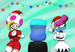 blonde_hair blue_skin christmas female_only glasses jolene_(paper_mario) lipstick mario_(series) mushroom nastasia nintendo office_lady paper_mario paper_mario:_the_thousand-year_door pink_hair santa_hat skirt super_paper_mario supermoonshroom