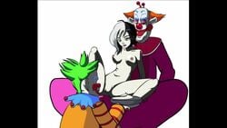 1girls 2boys alien animated annoyed ass breasts clothed_male_nude_female clown comedy doctorcursed game horror_movie killer_klown killer_klowns_from_outer_space natsume_(zone) nipples no_sound nude pie_(food) pussy shorter_than_30_seconds sitting_on_lap spread_legs tagme video white_background white_skin zone-tan