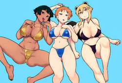 3girls araiguma-san ass ass_visible_through_thighs bare_shoulders barefoot belly belly_button big_breasts bikini black_bikini black_hair blonde_hair blue_background blue_bikini bob_cut breasts cameltoe cleavage curvaceous curvy dark-skinned_female dark_skin earrings egyptian expressionless feet female female_only gold_bikini golden_bikini groin huge_breasts jewelry large_breasts light-skinned_female light_skin looking_at_viewer mole mole_on_breast naughty_face navel nefertari_(tsukudani) original original_character raccoon_ears raccoon_tail short_hair simple_background spread_legs swimsuit tail thick_thighs thighs toes tongue tongue_out tsukudani_(coke-buta) tsurime-chan voluptuous