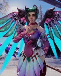 3d blender finger_to_mouth fjvnb green_hair looking_at_viewer mercy overwatch sugar_plum_fairy_mercy