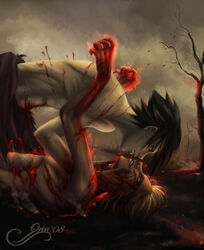 blood human hurt injury male male_only multiple_males naruto on_back orin red_eyes sasuke_uchiha uzumaki_naruto yaoi