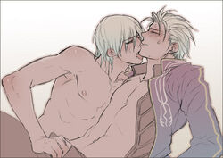 2boys blush closed_eyes dante devil_may_cry incest male male_only multiple_boys shirtless siblings sweat tongue twins vergil white_background white_hair yaoi