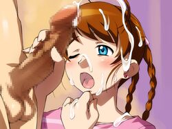 arika_yumemiya blue_eyes blush brown_hair censored cum cum_on_hair earrings ejaculation female handjob jewelry mai_otome my-otome open_mouth penis sameha_ikuya sergay_wong testicles wink