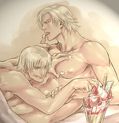 2boys dante devil_may_cry food fruit gay glass incest male male_only multiple_boys nude parfait pocky selfcest shirtless strawberry whipped_cream white_hair yaoi