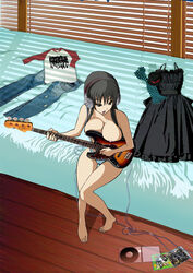 akg barefoot bass_guitar bed big_breasts black_hair breast_press breasts casual casual_nudity casual_topless cd clothes clothes_on_bed don't_say_lazy electric_guitar erect_nipples female female_only guitar hair headphones highres human human_only instrument k-on! kamitsuki_manmaru large_breasts long_hair mio_akiyama_(k-on!) musical_instrument nipple nipples nonsexual_nudity pale_skin panties playing_instrument pussy raglan_sleeves sitting solo striped striped_panties topless underwear wholesome